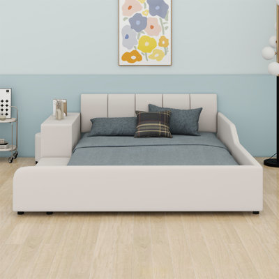 Upholstered Grounded Bed, Mother & Child Bed With Bedside Desk And Little Round Stool