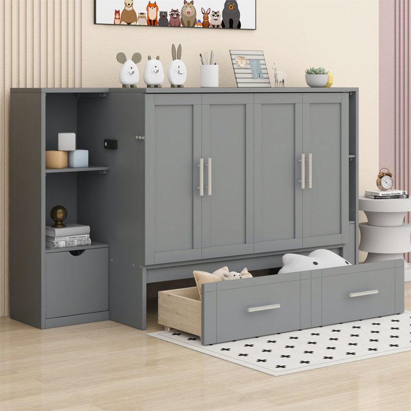 Bed Murphy Storage Bed with Shelves, Drawers and USB Ports, Gray, Queen