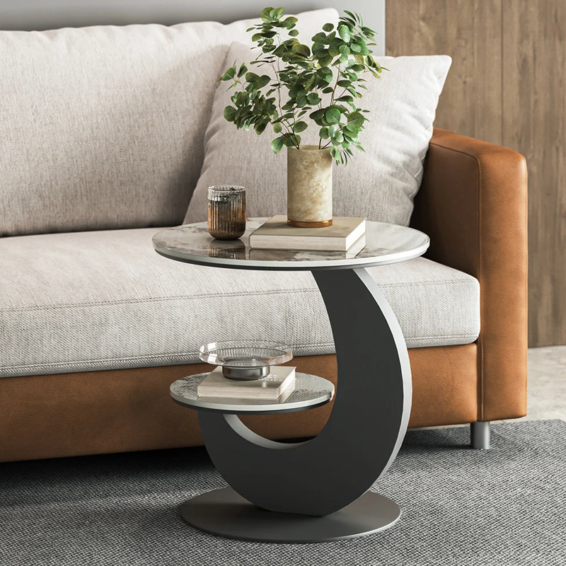 Sintered Stone Side Table 2 Tier Round End Table Living Room, Stone