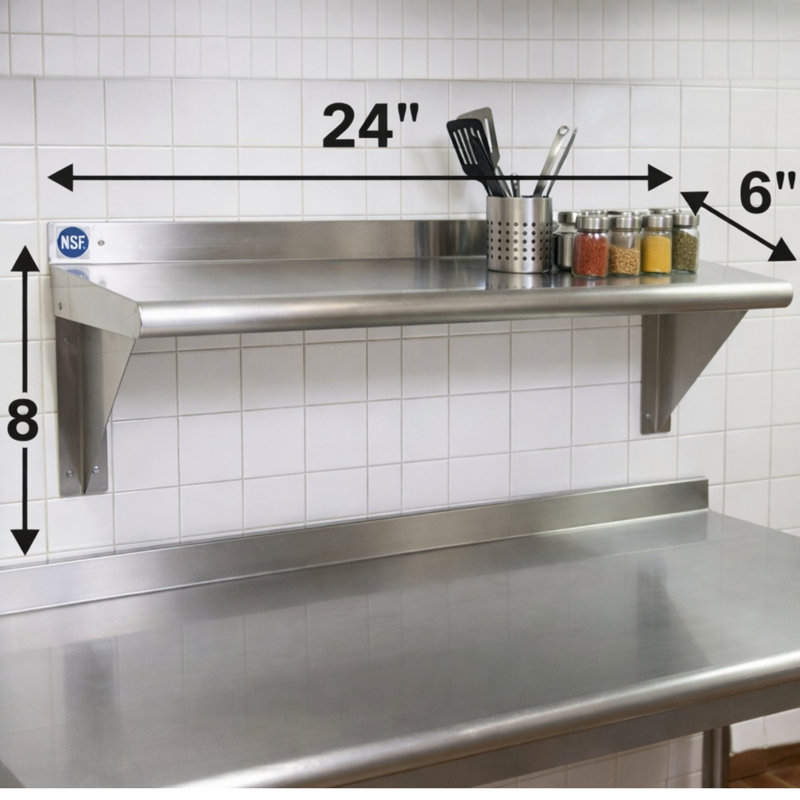 Étagère murale commerciale en acier inoxydable avec supports de fixation de 8 pouces de hauteur, H 8 po x l 24 po x P 6 po