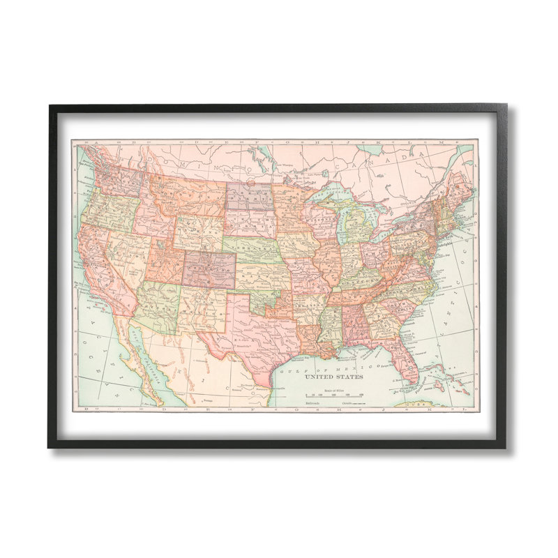 Carte traditionnelle des États-Unis, art giclée par Corinne Haig, H 16 po x l 20 po, Giclée encadrée noir minuit