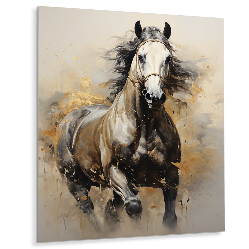 Beige cheval doré, pointillisme équestre - cheval, art mural en métal, H 20 po x l 12 po