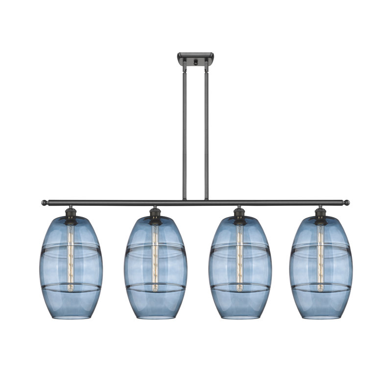 Luminaire suspendu rond / ovale pour îlot de cuisine à 4 lumières Dundrod, Bleu princesse, Bronze huilé