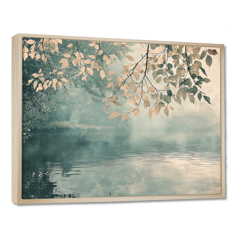 Riverbank Leaves Simplicity Scenery II - feuilles, art mural, Argent argent, H 30 po x l 40 po, Impression encadrée flottante