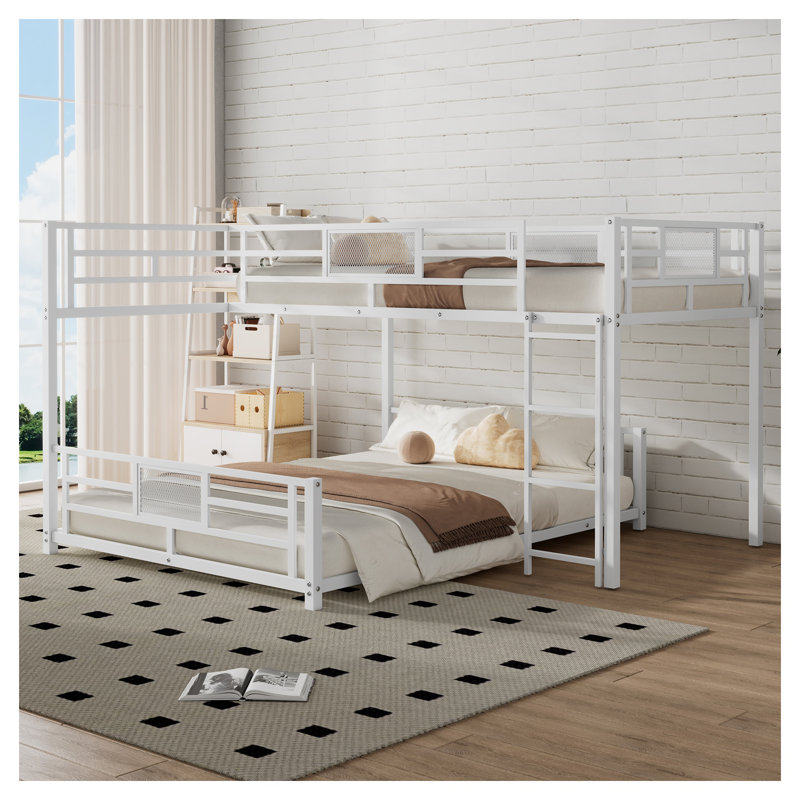 Lit superposé simple au-dessus de double en L avec échelle en L - Structure de lit mezzanine blanche pour enfants et adolescents