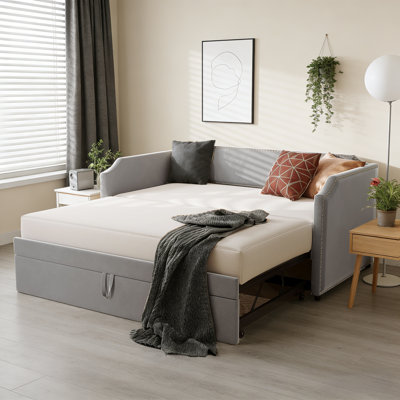 Upholstered Daybed with Backrest for Small Spaces, Velvet Daybed with Pop-Up Trundle for Guest Room, Gray, Twin