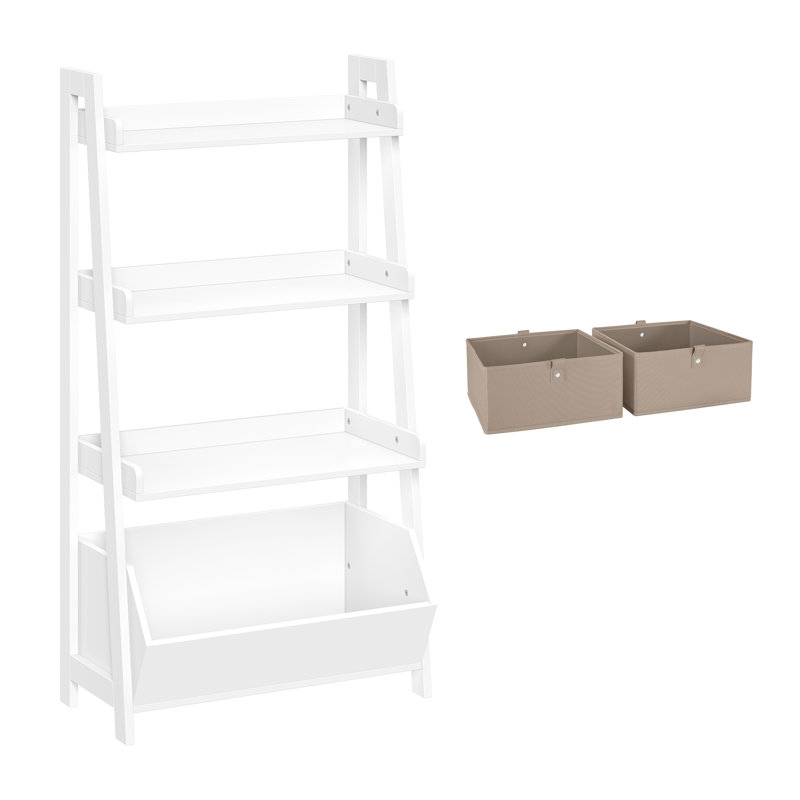 RiverRidge Kids 4-Tier 24in Ladder Shelf Toy Organizer and Book Storage with 3 Open Display Shelves- White with Two 5" Fabric Bins