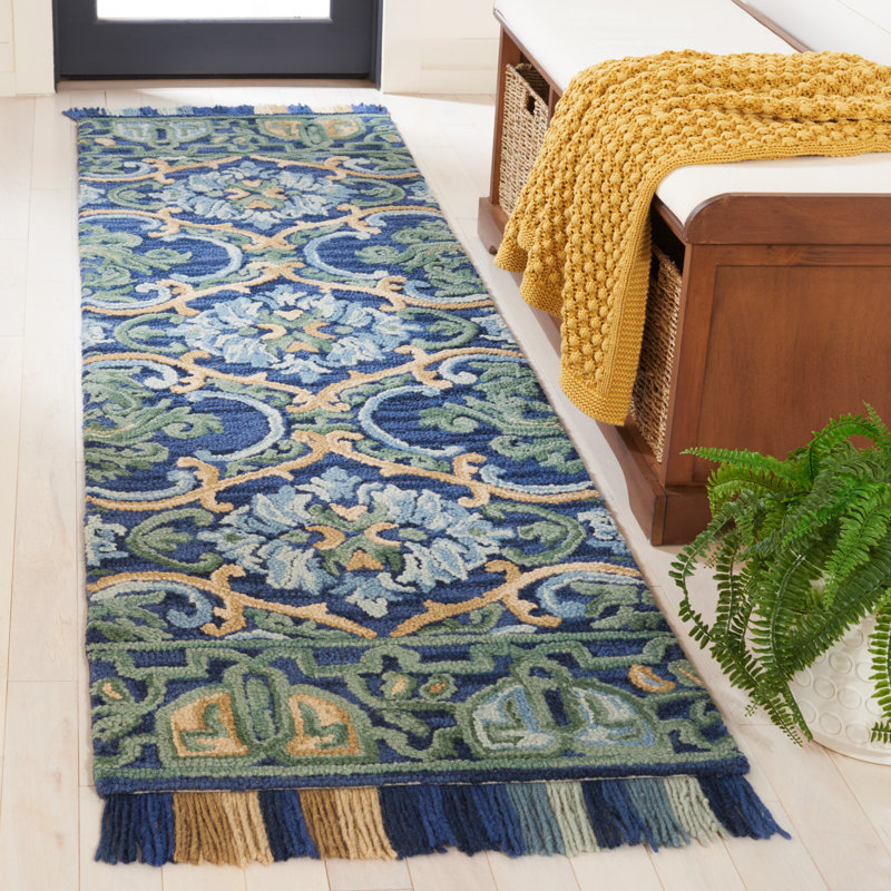 Tapis bleu marine / vert en laine / coton touffeté à la main Jahiem, Tapis de couloir 2 pi 3 po x 8 pi