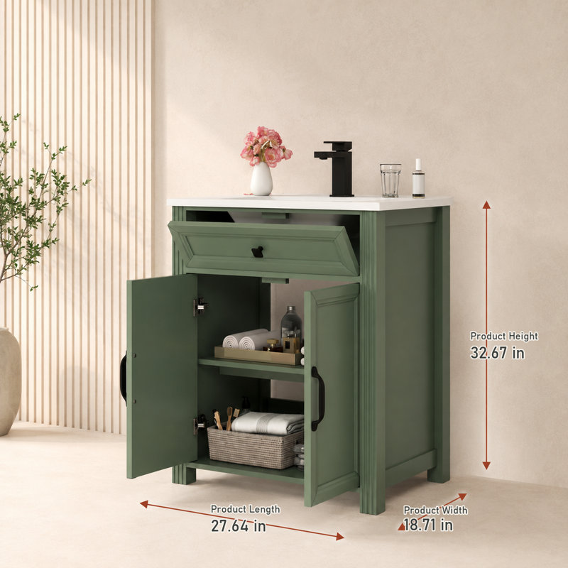 Meuble-lavabo sur pied de 70,2 cm (27,64 po) avec rangement, design moderne du milieu du siècle, armoire peinte en vert, lavabo en céramique et poignées en métal