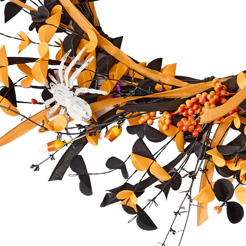 Couronne d'Halloween 22 po avec araignées, maïs sucré et feuillage noir / orange