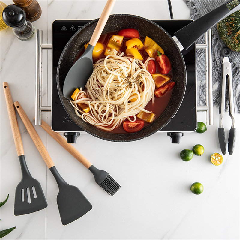 Ensemble d'ustensiles de cuisine en silicone 11 pièces avec poignées en bois - Outils de cuisine antiadhésifs résistants à la chaleur