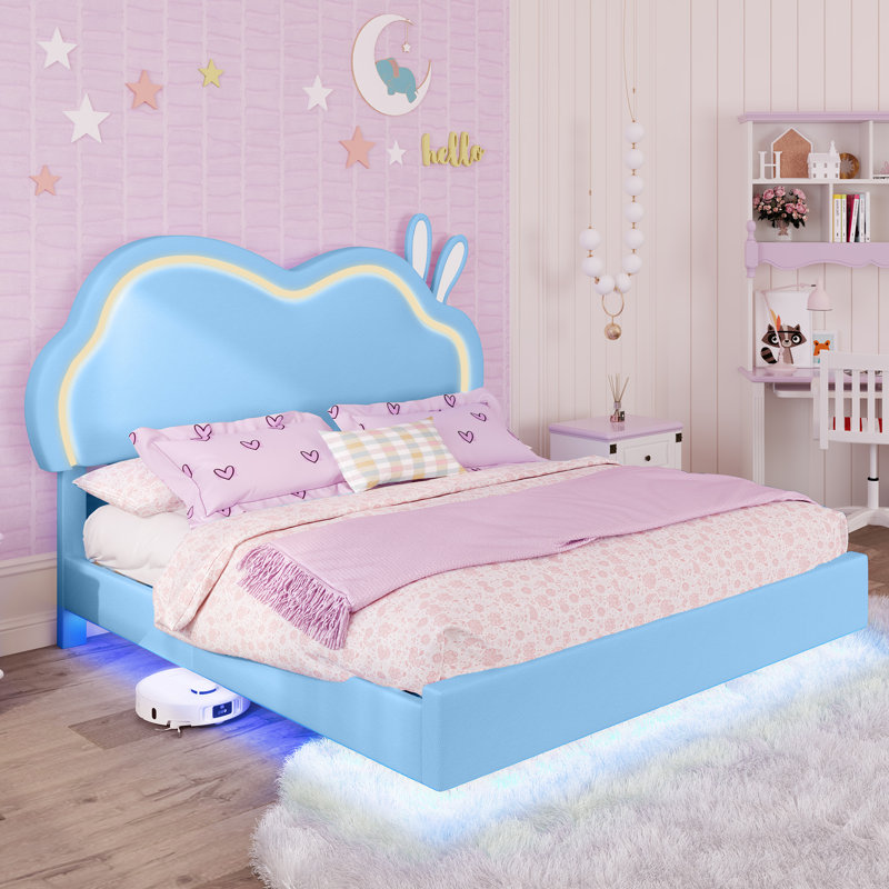 Base de lit flottante pour enfant avec tête de lit ajustable Zoomie, bleu, Zoomie, Double, Bleu ciel