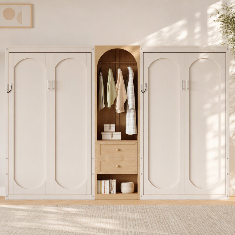 Lit escamotable double avec armoire, rangement et deux tiroirs