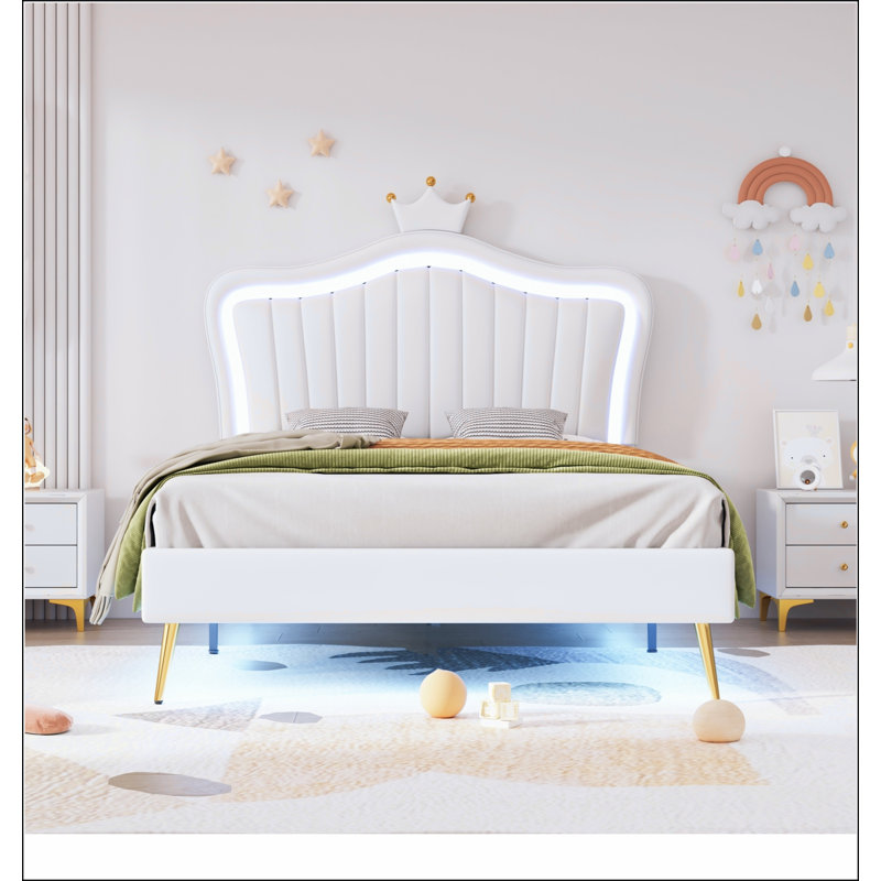 Structure de lit tapissier avec lumières DEL, lit princesse rembourré avec tête de lit couronne