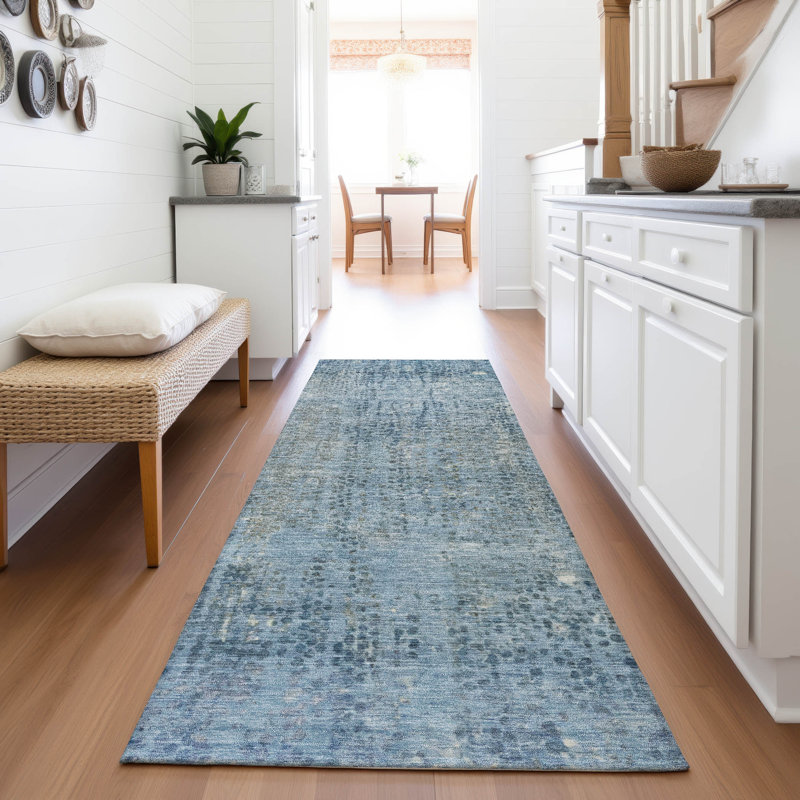 Tapis bleu intérieur / extérieur lavable à la machine Xhevrie, Tapis de couloir 2 pi 3 po x 7 pi 6 po