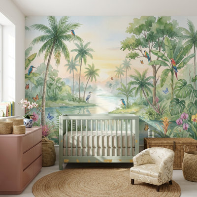 Tropical Landscape Wallpaper Watercolor Lush Green Foliage Wall Mural