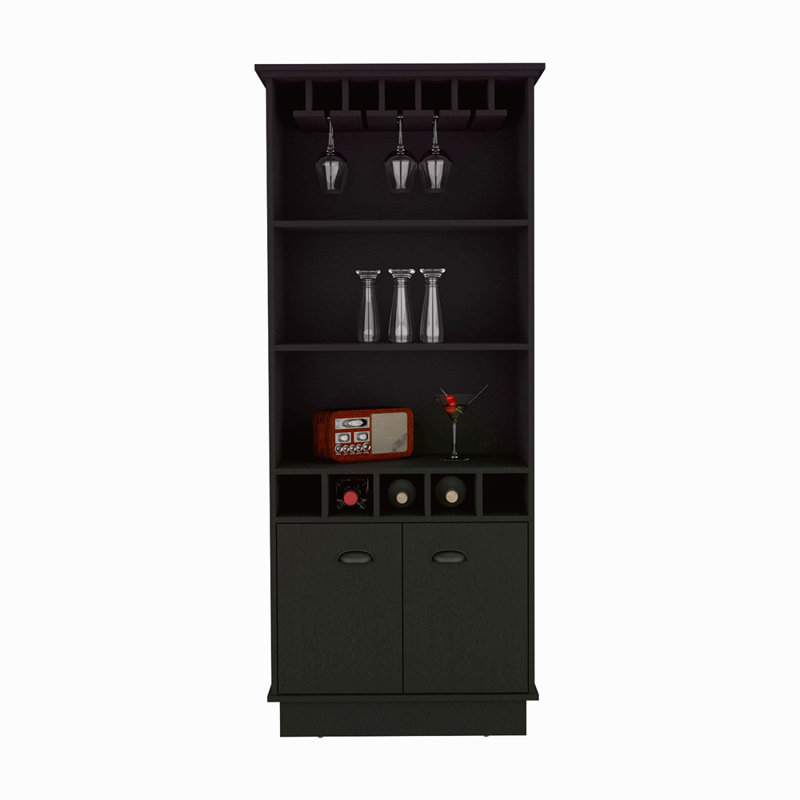Bar 70 "avec support à vin, armoire en verre supérieure, trois tablettes de rangement ouvertes et une armoire, Noir