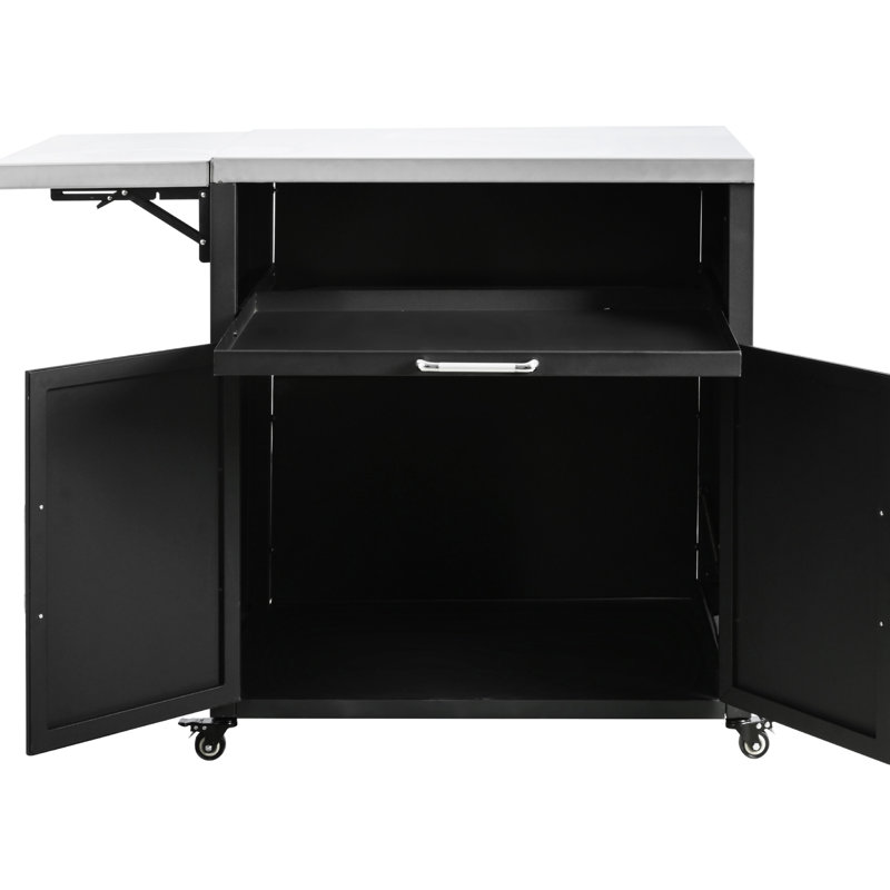 Îlot de cuisine extérieur gris en bois de sapin et en acier inoxydable, plateau de table pliable, grand rangement, serviette et épices, ouvre-bouteille, espace de rangement pour roulettes verrouillables, pour plus de stabilité