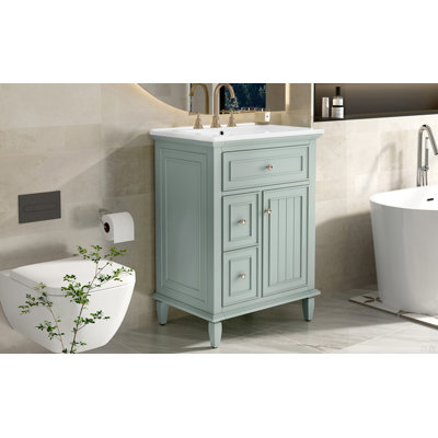 24" Bathroom Vanity With Sink, Bathroom Vanity Cabinet With One Flip Drawer And Two Drawers, Adjustable Shelf, Solid Wood And MDF