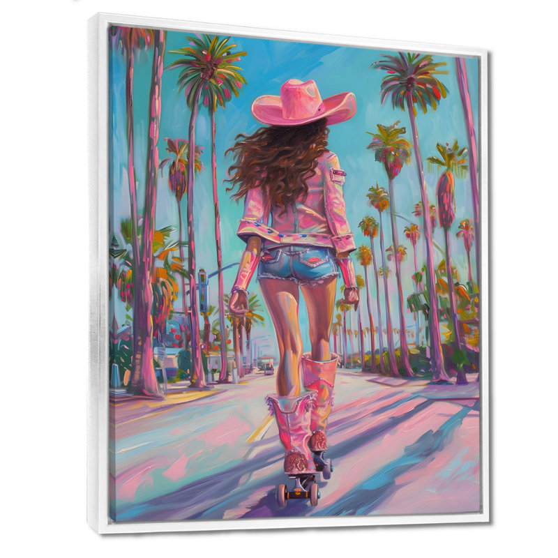 «Cowgirl Rollerblading Down Sunset Boulevard» - décoration murale Cowgirls, Toile encadrée flottée blanche