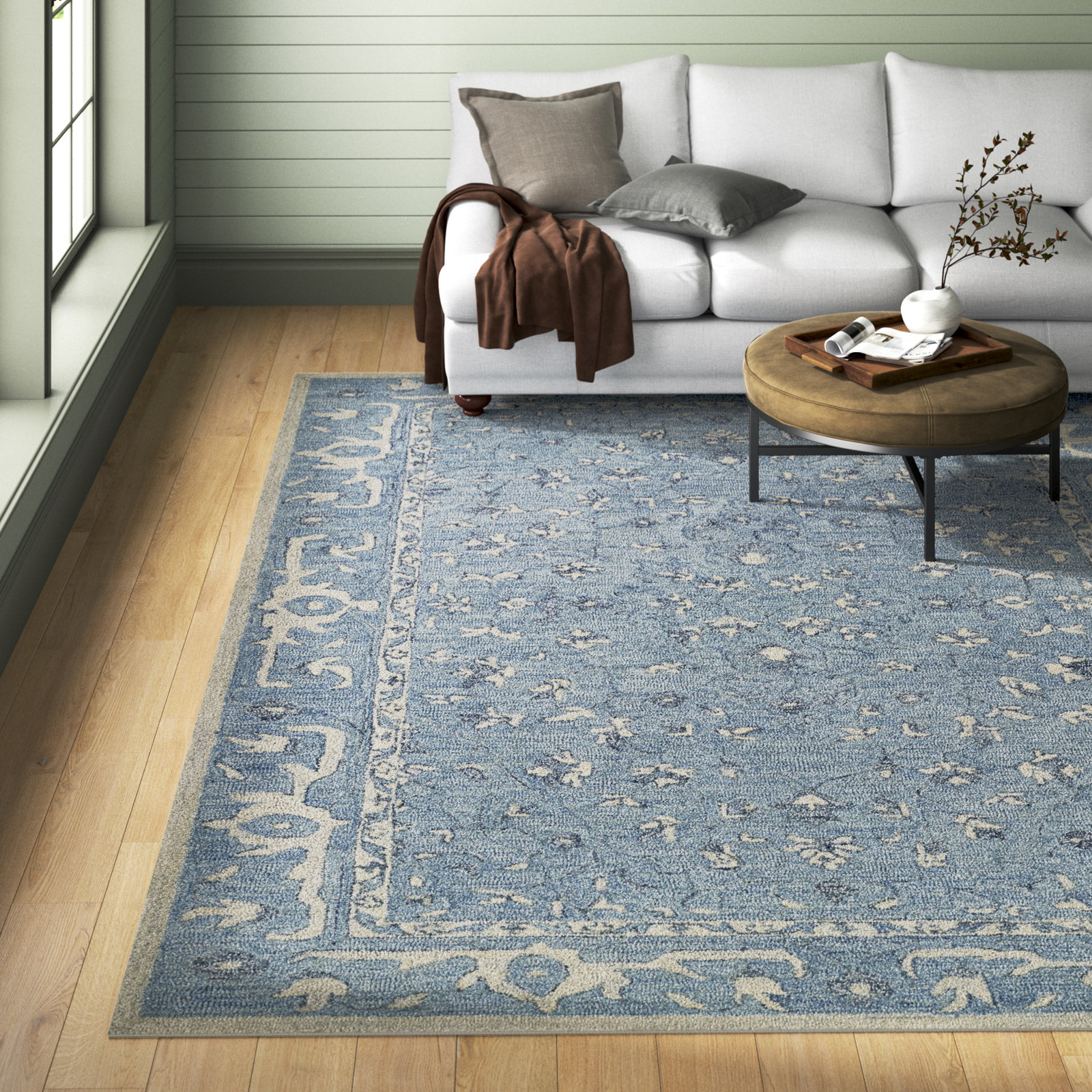 Blue Hand-Tufted Wool Floral Rug, 5" W x 8" L