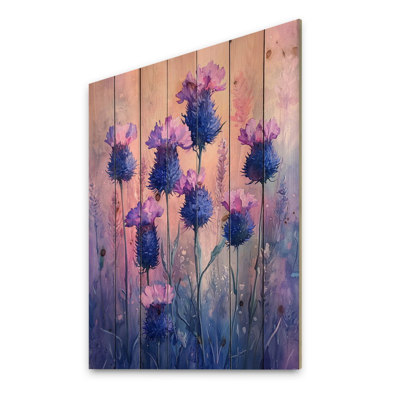 Rêve de champs de bleuet en mauve I - impression sur bois de bleuet - sur bois de pin naturel, H 32 po x l 24 po x P 0,78 po