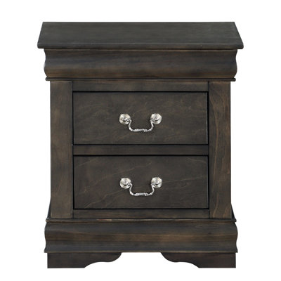 Table de chevet traditionnelle en bois gris foncé à 2 tiroirs avec glissière centrale en métal et quincaillerie en nickel, 21 po de largeur, 15 po de profondeur, 24 po de hauteur classique, tiroirs, glissière, poignée, 21 po x 15 po