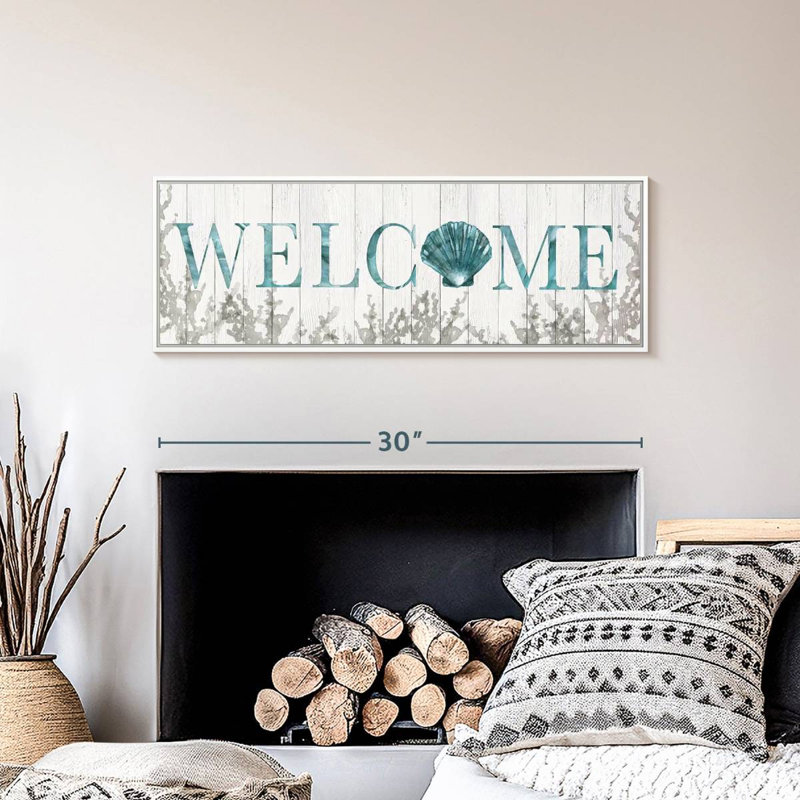 Plaque murale «Welcome Shell», Cadre flottant blanc, 31 po x 11 po
