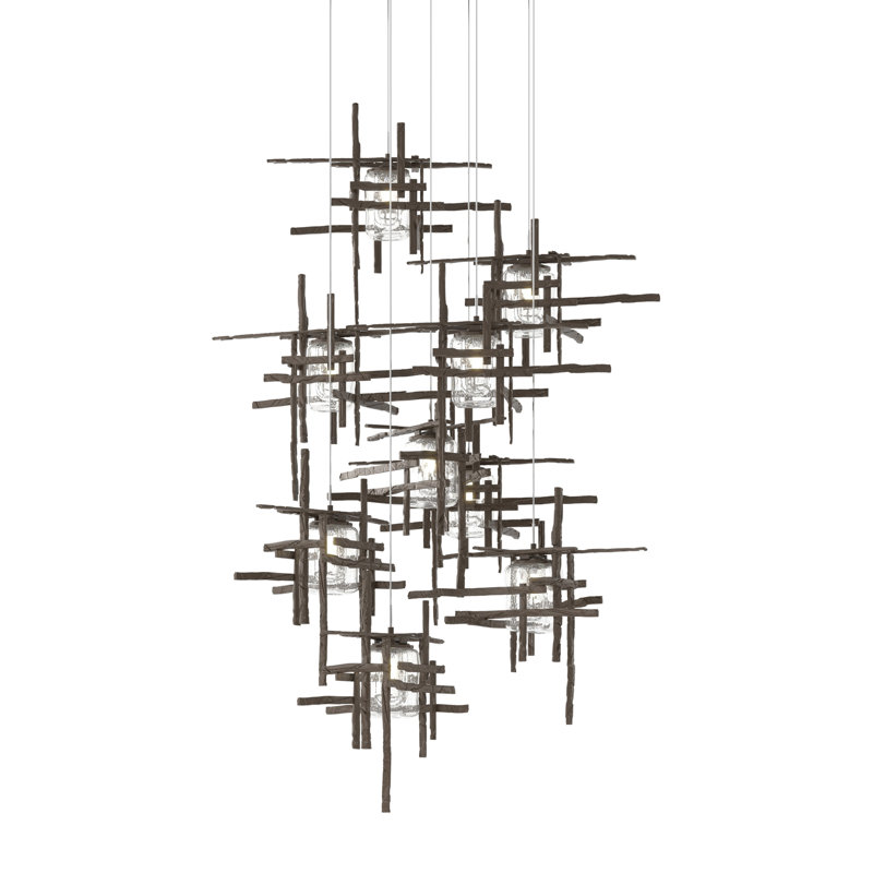 Tura 9-Light Glass Round Pendant, Bronze, Seeded Clear, 30" - 80"