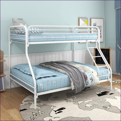 Twin-Over-Full Metal Bunk Bed Frame, No Box Spring Needed, Silent Heavy Duty Platform Bed with Guardrail, White