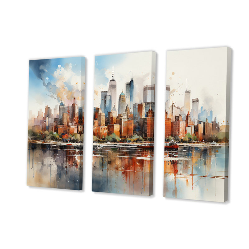 «Dreamy New York Scenery Retro Watercolor», ensemble d'art mural sur toile City New York, H 32 po x l 48 po x P 1 po