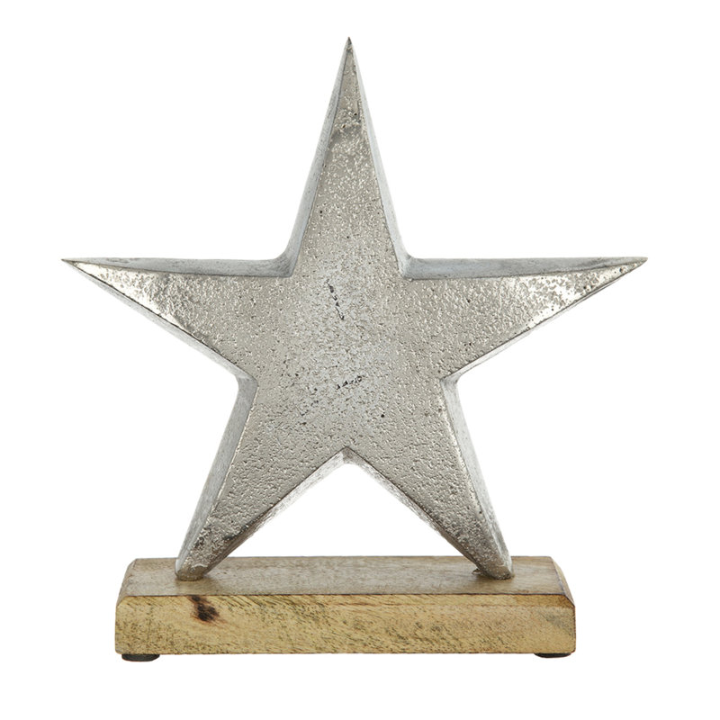 Étoile en aluminium sur base en bois de manguier - 8 po x 2,5 po x 8 po - argent, brun