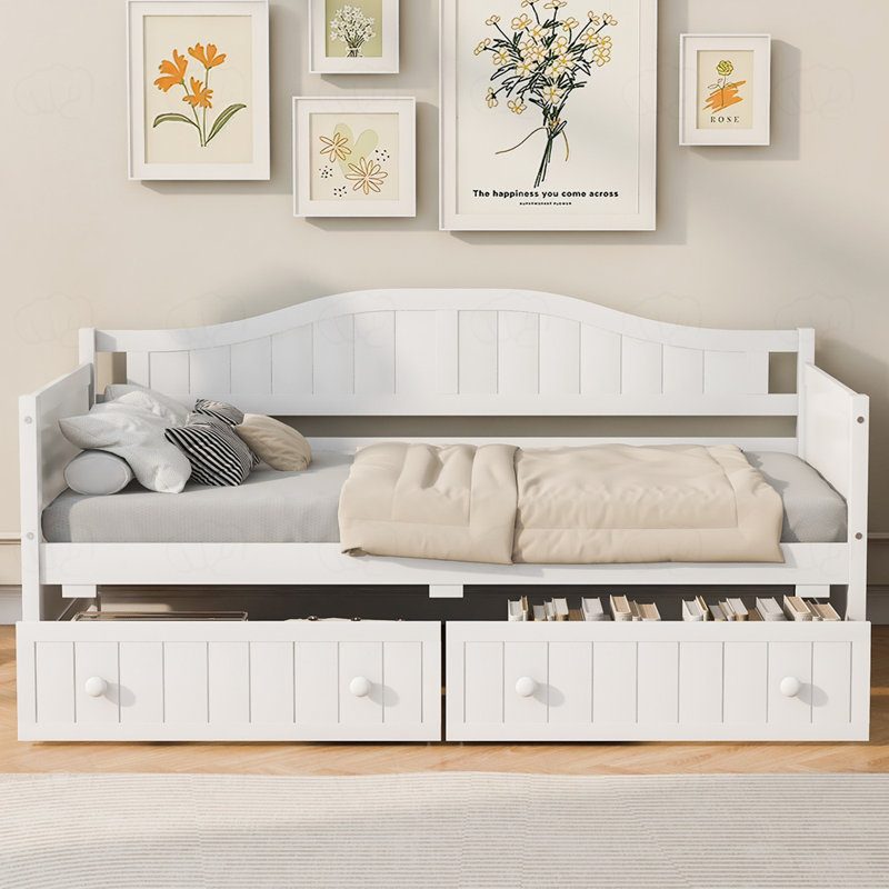 Lit de jour simple en bois massif, canapé-lit multifonctionnel avec tiroirs pour le salon de la chambre à coucher, Blanc