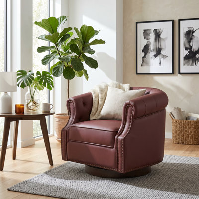 360° Swivel Accent Chair, PU Leather Upholstered Barrel Chair with Curved Back & Tufted Design, Bent Wood Base, Modern Club Chair for Living Room, Bedroom & Office