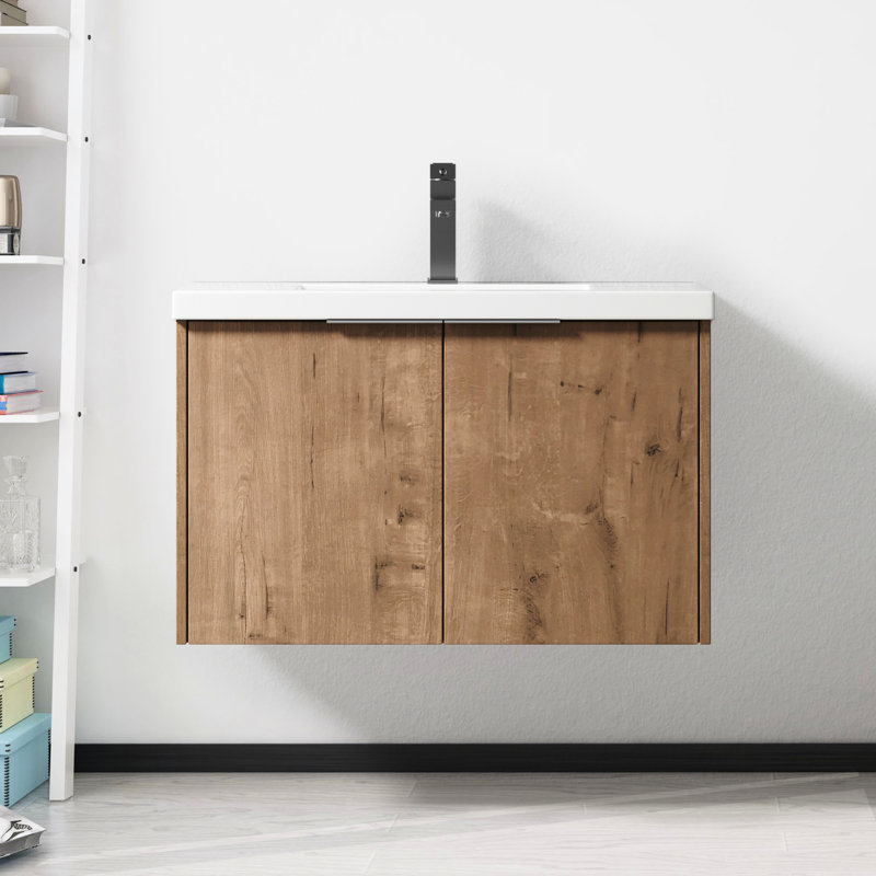 Meuble-lavabo avec portes à fermeture amortie et lavabo de 76 cm (30 po) - Poignées couleur rouille, style moderne, spacieux, revêtement en chêne imitation, nombreux rangements, contreplaqué