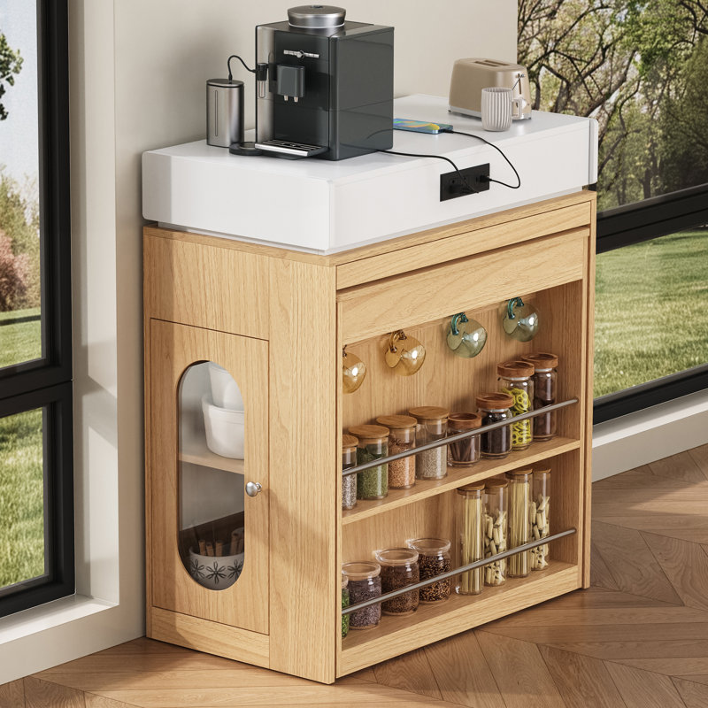 Table de salle à manger extensible avec plateau de table pliable, îlot de cuisine avec prise de courant et rangement, Naturel