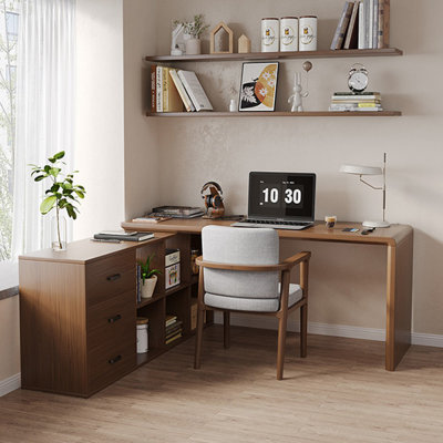 Ensemble de bureau en bois massif en forme de L 62,99 "noyer foncé