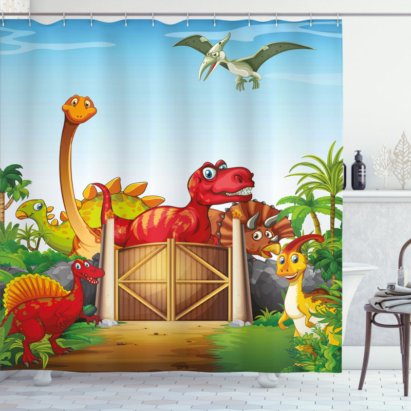Dino Shower Curtain Set + Hooks, 69" H x 105" W