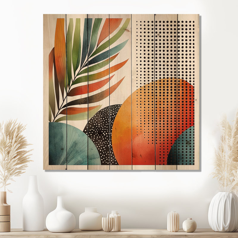 Collage botanique de style Mid-Century - reproduction de bois orange Mid-Century sur bois de pin naturel, H 25 po x l 25 po