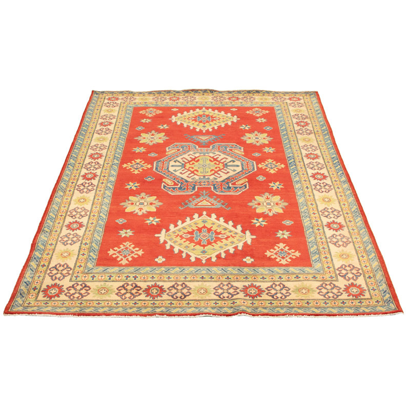 Tapis unique en laine noué à la main style ouzbé des années 2010 de 6 pi 8 po x 9 pi 7 po rouge Araina