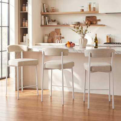 Beige Modern Bar Stools Set of 3, 24 Inch Counter Stools with Curved Backrest, Counter Height Bar Stools for Kitchen Island