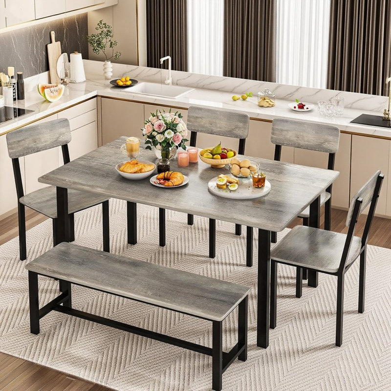 Dining Table Set For 4-6 People, Dining Table Set With 1 Bench And 4 Chairs, Modern Rectangular Metal Frame Dining Furniture Set, Farmhouse Dining Room Table Set For Small Space, Apartment, Retro