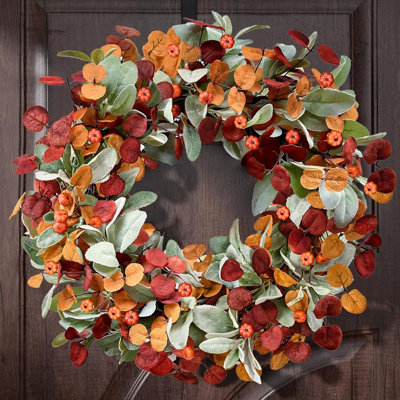 Couronne de récolte d'automne naturelle pour la porte d'entrée, décor floral d'automne douillet avec verdure d'eucalyptus et décorations de citrouille pour la décoration intérieure