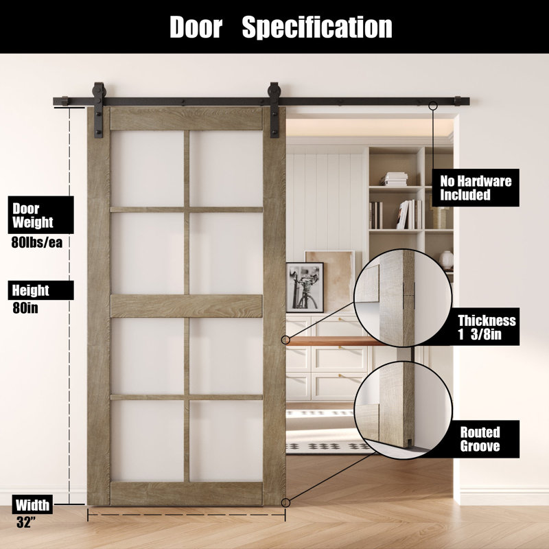 Porte de grange non assemblée et pré-finie en verre pré-fini de 32 po x 80 po Homacer Classic 32 po x 80 po Homacer