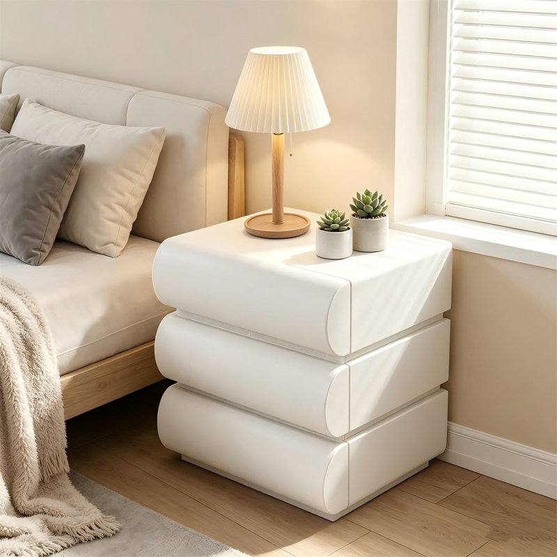 Table de chevet minimaliste avec 3 tiroirs en bois massif, table de chevet en cuir microfibre pour la chambre à coucher, blanc