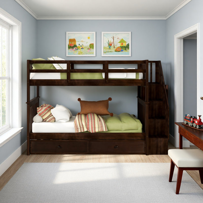 Stairway Twin-Over-Twin Bunk Bed With Twin Size Trundle For Bedroom, Dorm, Adults, Espresso