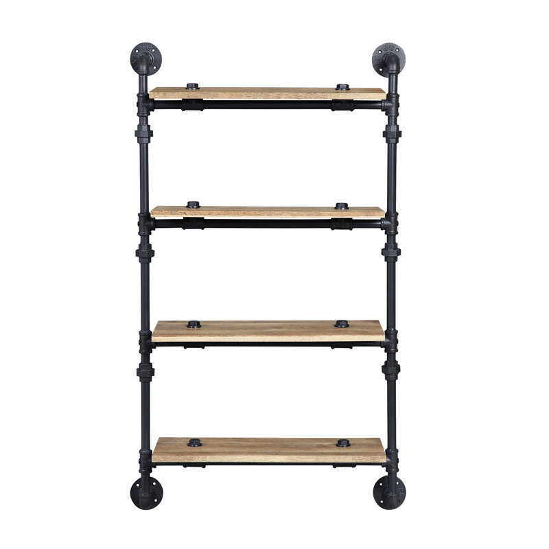 Étagère murale à 4 niveaux, structure métallique en forme de tuyau d'eau, finition chêne et noir sablé, placage, étagères de 58,4 cm de large, espacement de 30,5 cm, charge maximale de 4,5 kg par étagère (avec étagères plaquées de 22,9 cm de large).