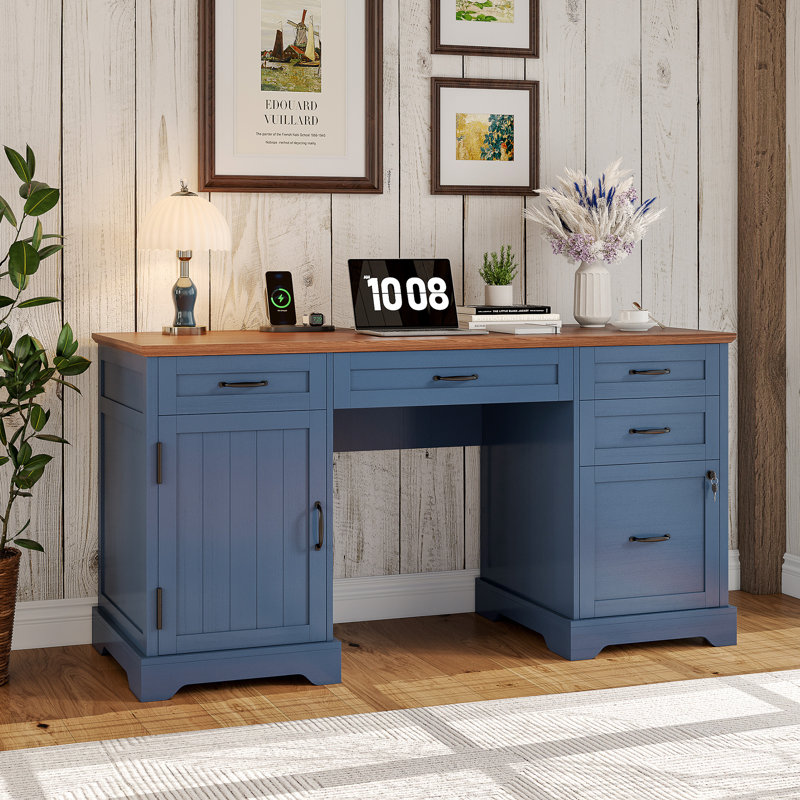 Bureau de direction 55 po avec tiroirs, classeur et prises de courant Clabe, Brun/bleu