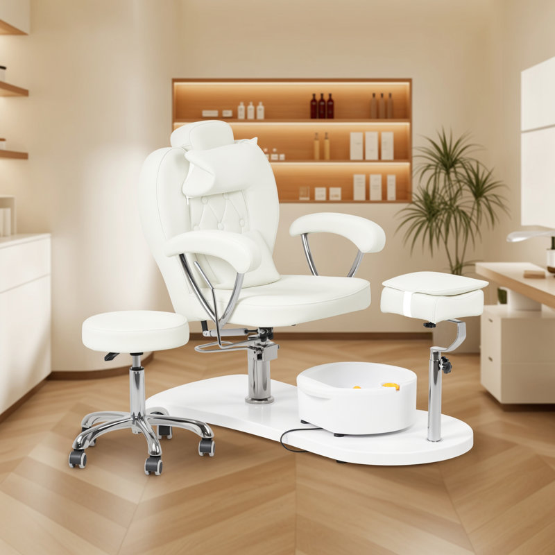 Fauteuil de pédicure professionnel avec tabouret et bain de pieds de massage amovible, station de pédicure inclinable hydraulique avec hauteur réglable, pivotant à 360 °