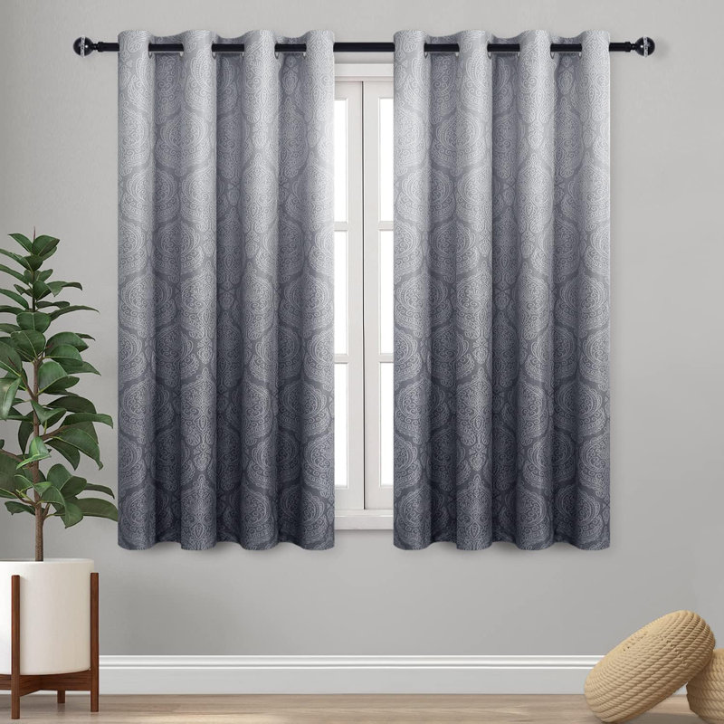 2 Panels Ombre Blackout Curtains for Bedroom - Damask Patterned Thermal Insulated Grommet Curtains, Gradient Window Curtain Panels for Living Room Decoration